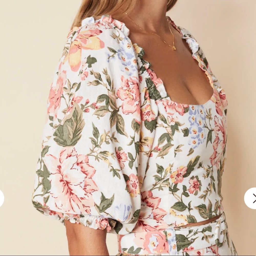 Ballon sleeve floral linen blouse
